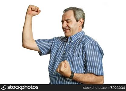 happy mature man with open arms isolated on white