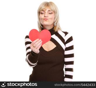 Happy mature woman enjoying heart shaped postcard