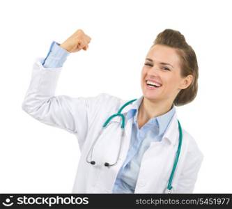 Happy medical doctor woman showing biceps