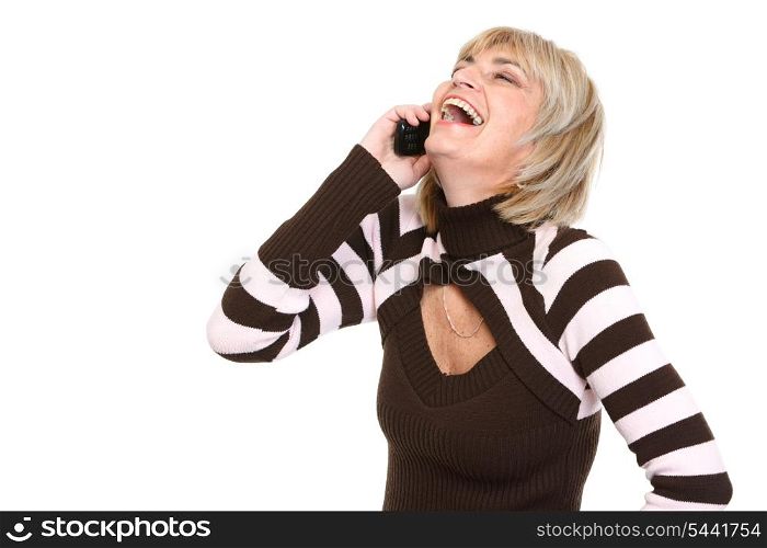 Happy middle age woman talking by phone