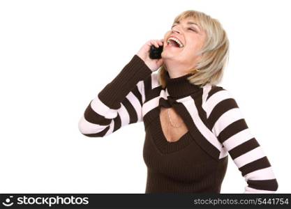 Happy middle age woman talking by phone