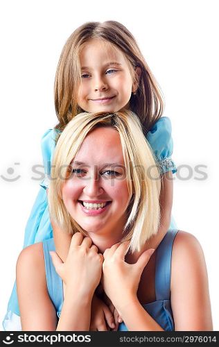 Happy mom and daughter on white