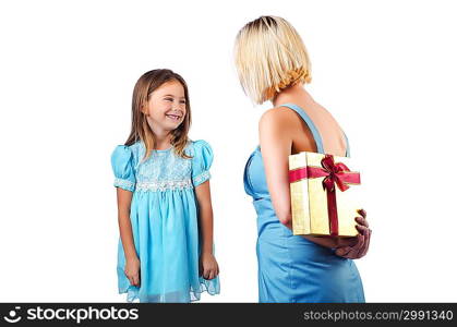 Happy mom and daughter on white