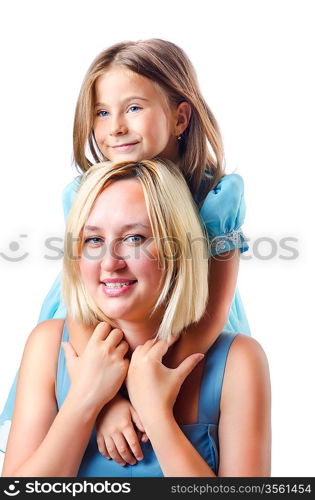 Happy mom and daughter on white