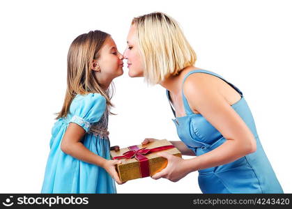 Happy mom and daughter on white