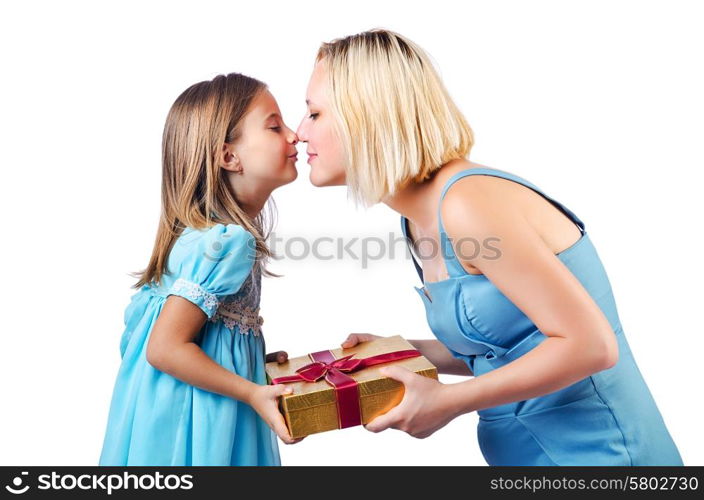 Happy mom and daughter on white