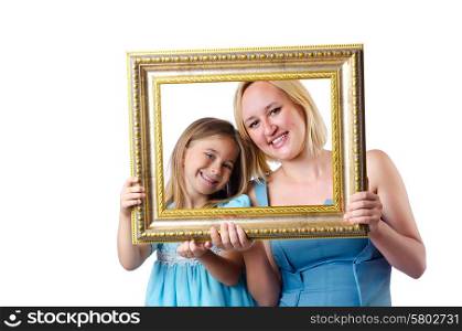 Happy mom and daughter on white
