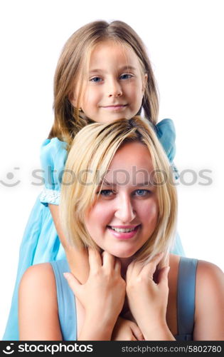 Happy mom and daughter on white