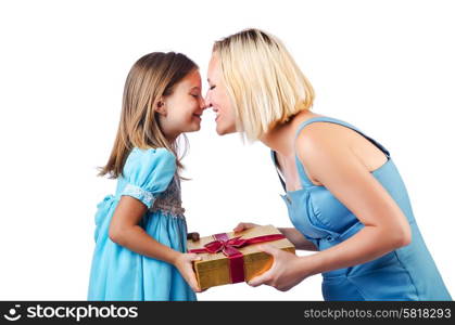 Happy mom and daughter on white