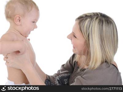 Happy mom with a child. Isolated on white background