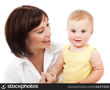 Happy mother and baby isolated portrait over white background, smiling having fun, beautiful healthy family, happiness concept