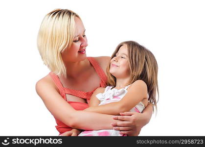 Happy mother and daughter isolated on white