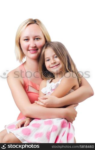 Happy mother and daughter isolated on white