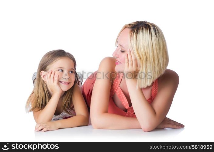 Happy mother and daughter isolated on white