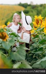 Happy mother in hat with the daughter in the field with sunflowers. mom and baby girl having fun outdoors. family concept. mom kisses her daughter. selective focus.. Happy mother in hat with the daughter in the field with sunflowers. mom and baby girl having fun outdoors. family concept. mom kisses her daughter. selective focus
