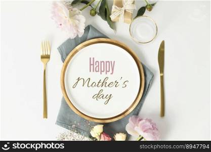 Happy Mother&rsquo;s day concept. Beautiful table setting with golden cutlery and peony flowers, flat lay. Happy Mother&rsquo;s day concept. Beautiful table setting with golden cutlery and peony flowers