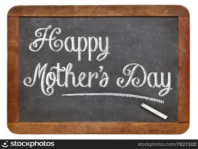 Happy Mother&rsquo;s Day in white chalk on a vintage slate blackboard