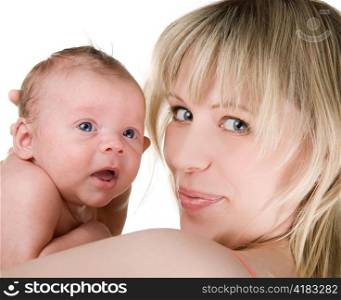 happy mother with baby boy isolated on a white