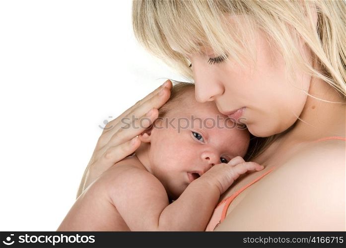 happy mother with her baby boy isolated on a white
