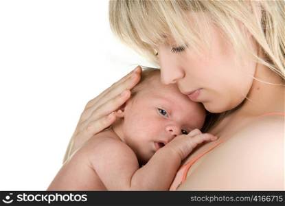 happy mother with her baby boy isolated on a white