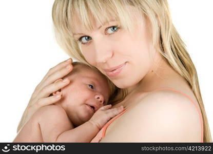 happy mother with her baby boy isolated on a white