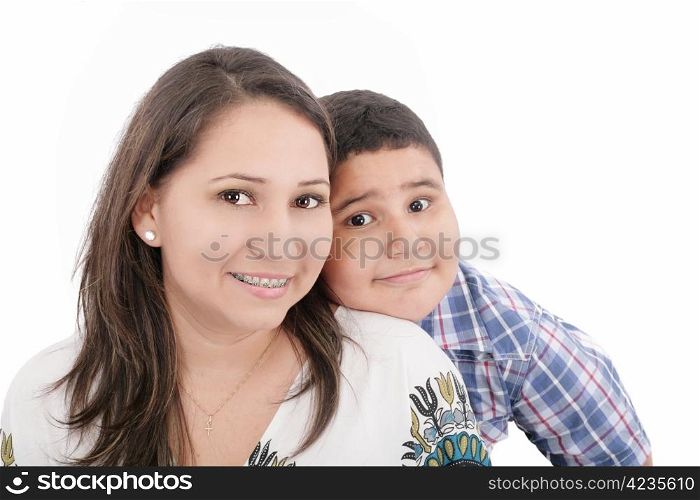 Happy mother with orthodontics and son - isolated over a white background
