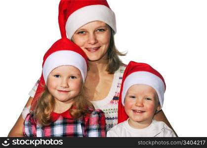 Happy mother with small boy and girl before the Christmas isolated on white