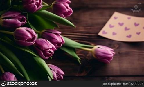 Happy mothers day card and tulips on wooden table,AI generated