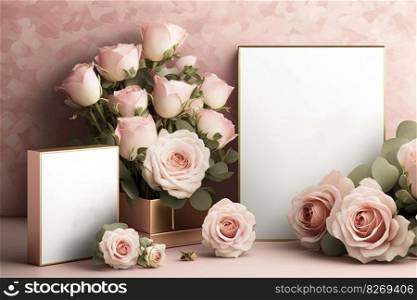 Happy Mothers Day card with gift and rose flower, copy space, AI Generative