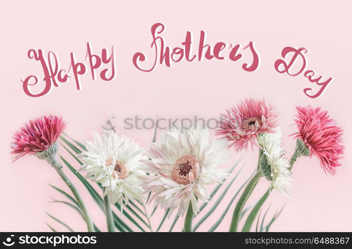 Happy Mothers Day greeting card with beautiful flowers bunch of gerbera at pastel pink background, front view
