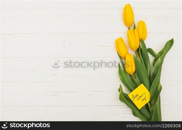 happy mothers day inscription with tulips