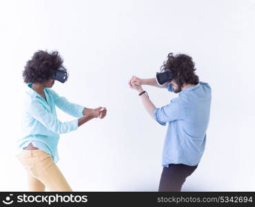 Happy multiethnic couple getting experience using VR headset glasses of virtual reality, isolated on white background