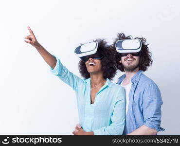 Happy multiethnic couple getting experience using VR headset glasses of virtual reality, isolated on white background