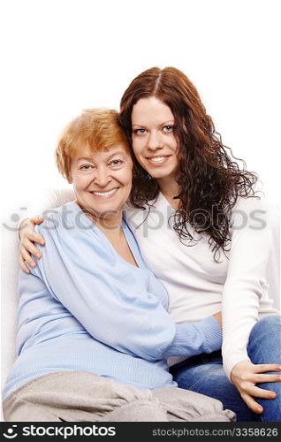 Happy mum and the daughter on a white background