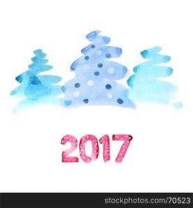 Happy new 2017 year - Watercolor Christmas trees of brush strokes