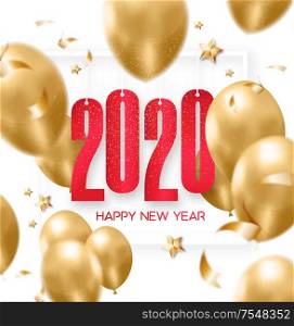 Happy new 2020 year abstract design frame with balloons, ribbons, stars