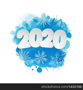 Happy New 2020 Year. Vector holiday illustration. Paper white 3d numbers on blue watercolor imitation background with snowflakes. Event banner. Decoration element for poster, card, web or cover design. Happy New 2020 Year. Vector holiday illustration. Paper white 3d numbers on blue watercolor imitation background with snowflakes. Event banner