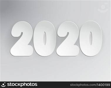 Happy New 2020 Year. Vector holiday illustration. Paper white 3d numbers on abstract grey background. Event banner. Decoration element for poster, card, web or cover design. Happy New 2020 Year. Vector holiday illustration. Paper white 3d numbers on abstract background