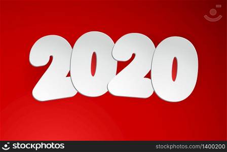 Happy New 2020 Year. Vector holiday illustration. Paper white 3d numbers on abstract redbackground. Event banner. Decoration element for poster, card, web or cover design. Happy New 2020 Year. Vector holiday illustration.