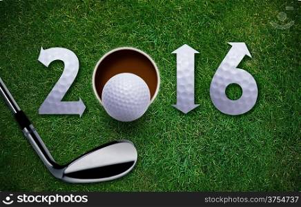 Happy New Golf year 2016, Golf ball and putter on green grass, the same concept available for 2017 year.