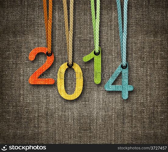 Happy New year 2014, numbers hunging by rope as puppeteer on sackcloth background, the same concept available for 2015 and 2016.