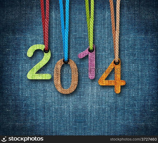 Happy New year 2014, numbers hunging by rope as puppeteer on sackcloth background, the same concept available for 2015 and 2016.