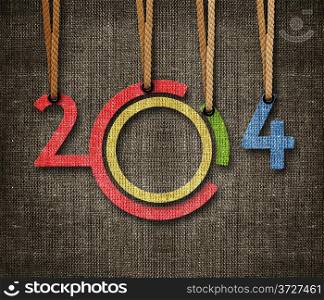 Happy New year 2014, numbers hunging by rope as puppeteer on sackcloth background, the same concept available for 2015 and 2016.