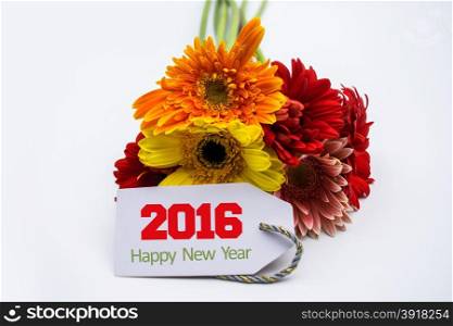 Happy new year 2016 with flower and tag isolated on a white background