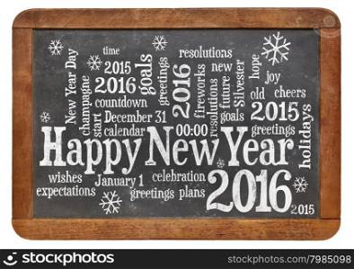 Happy New Year 2016 word cloud - white chalk text on a vintage slate blackboard, a greeting card