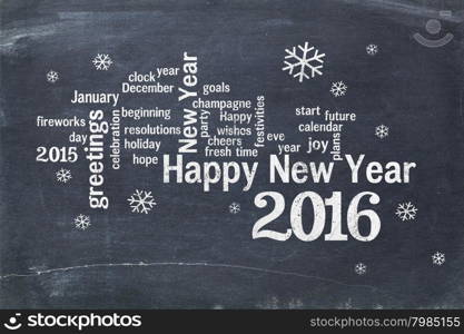 Happy New Year 2016 word cloud - white chalk text on a blackboard, a greeting card