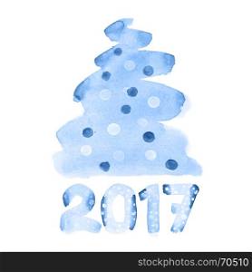 Happy new year 2017 - Blue watercolor Christmas tree isolated over the white background