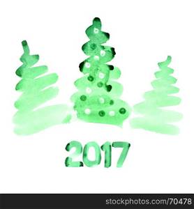 Happy new year 2017 - Green watercolor Christmas trees