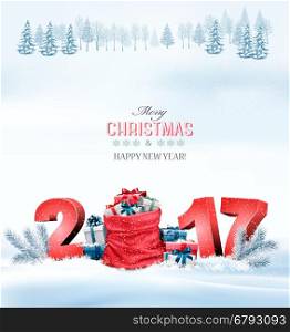 Happy new year 2017! Holiday Christmas background with a sack full of gift boxes. Vector.