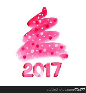 Happy new year 2017 - Red watercolor Christmas tree isolated over the white background